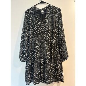 This That Womens Floral Tiered Mini Dress Black Long Sleeve Ruffle Neck Large